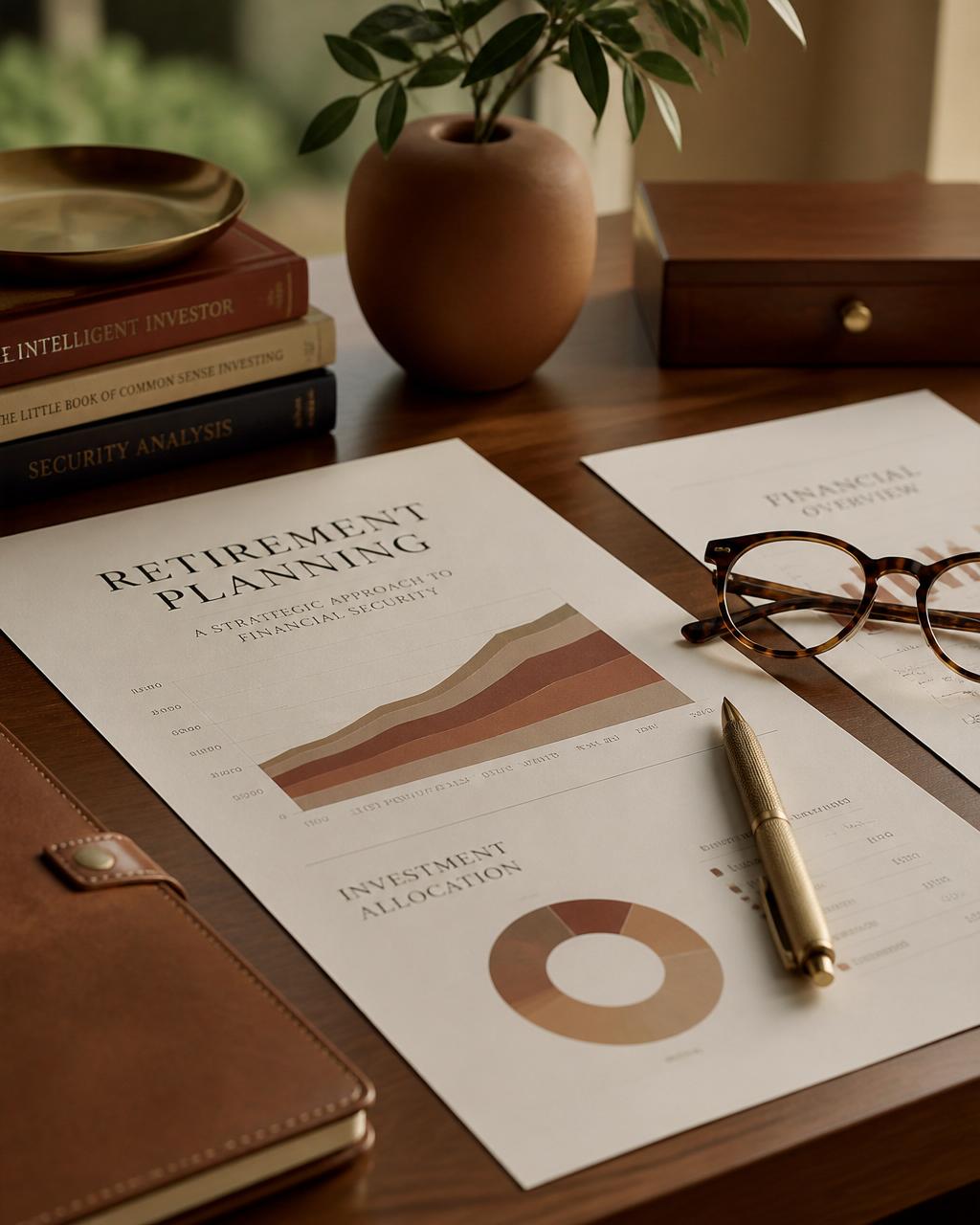 Financial planning documents with retirement and investment allocation charts on a walnut desk